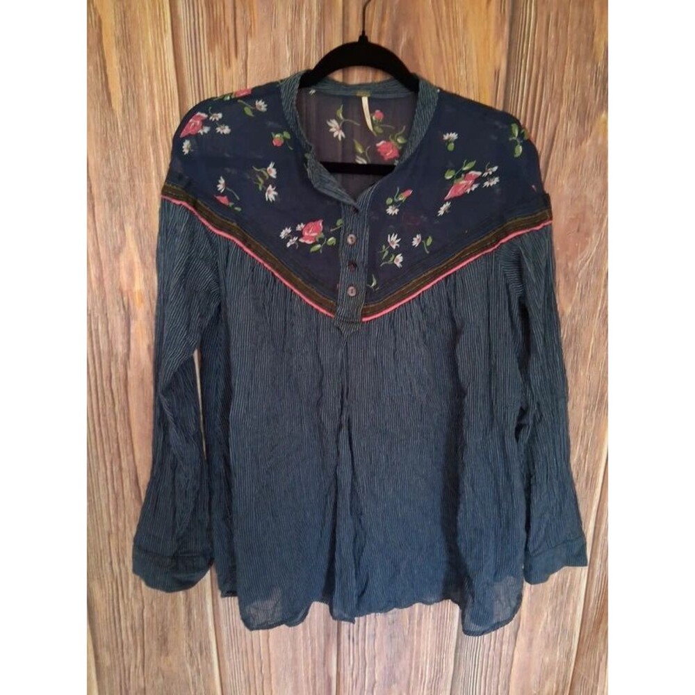 Free People Navy Blue Pinstripe Floral Yoke Henley Tunic Blouse Small Boho